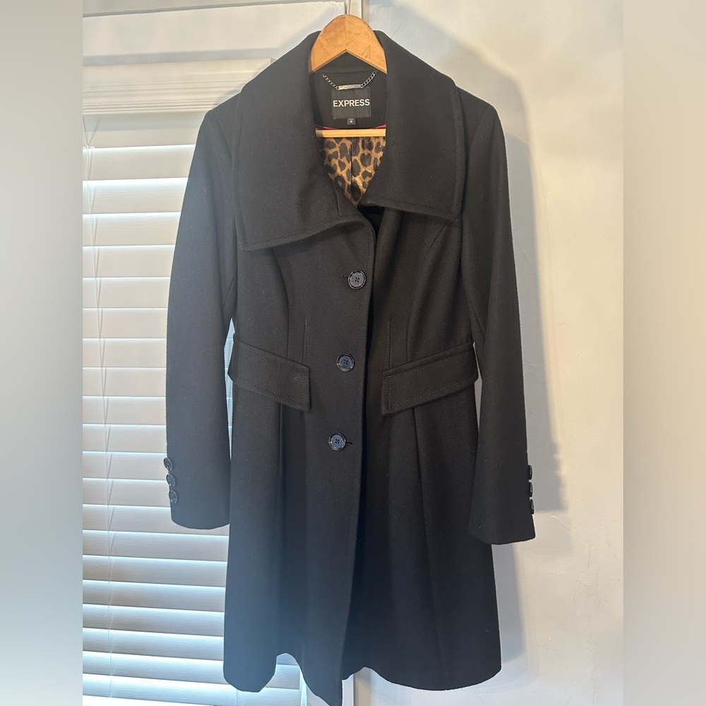 Express Black Women's Wool-Blend Coat with Leopard Lining